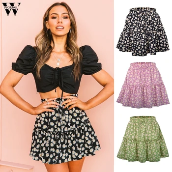

Womail Women Skirt Summer Casual Print Ruffles mini skirt High waist Pleated green pink skirt Sexy beach female skirts 2020