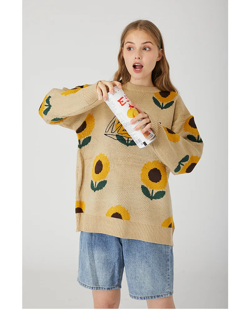

YUPINCIAGA 2020 Spring New Women Man Embroidery Knitted Sweaters Loose Warm Jumper Pullovers sunflower flower couple sweater