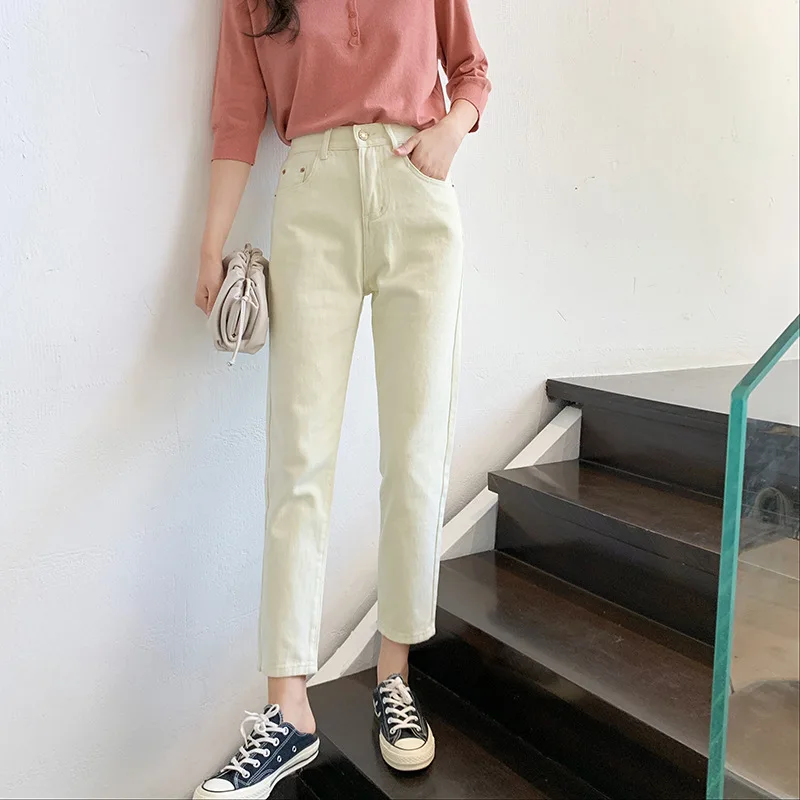 9803 Hyuna, корейский стиль, свободные, стройнящие прямые брюки, женские, с высокой талией, Ретро стиль, белые джинсы, Капри, модные, Aut
