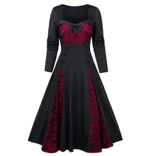 Рождественское платье размера плюс 35, зимнее платье для женщин, плюс размер, на Хэллоуин, с кружевными вставками, на пуговицах, с бантом, готическое платье