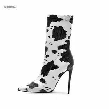 

2020 winter new stiletto high heels fashion newspaper pattern fashion foreign trade women's boots plus size cow pattern 3-13 14
