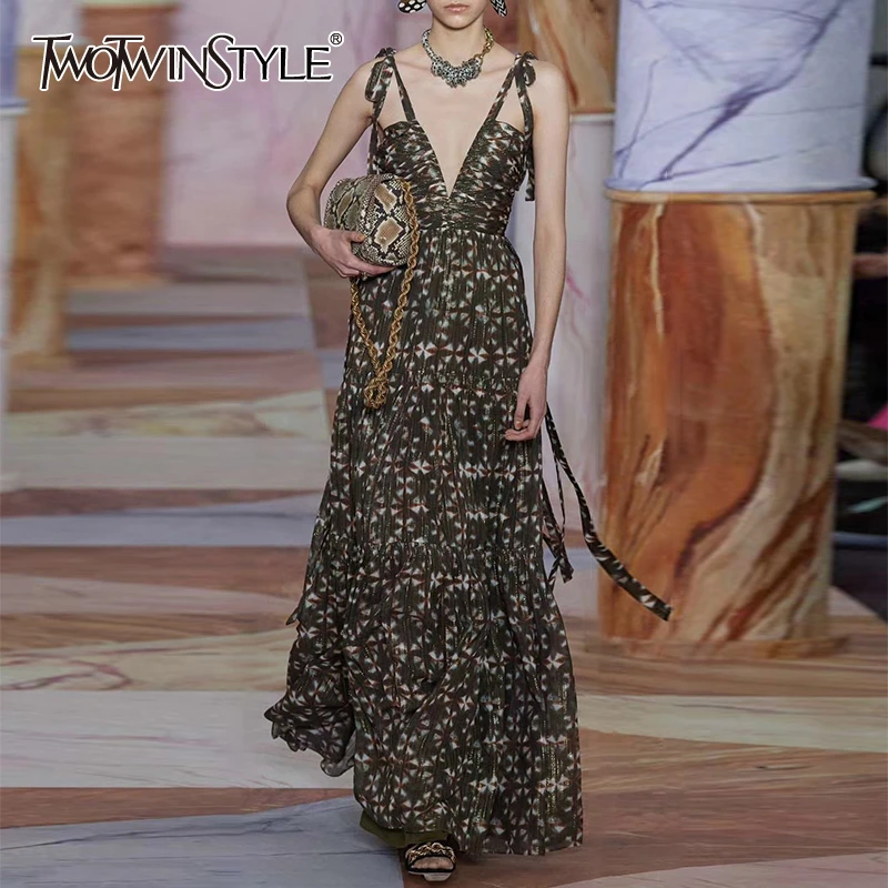 TWOTWINSTYLE Hollow Out Print Bowknot Dress Women Off Shoulder V Neck Backless Maxi Party Dress Female 2020 Summer New Clothes TWOTWINSTYLE Hollow Out Print Bowknot Dress Women Off Shoulder V Neck Backless Maxi Party Dress Female 2020 Summer New Clothes