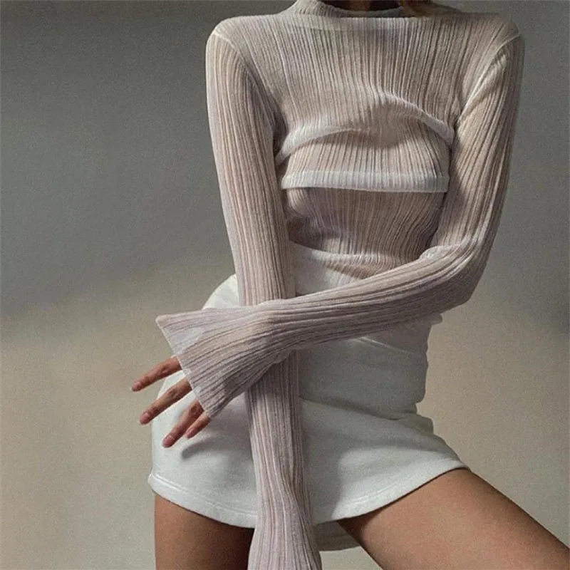 Seethrough Mesh Sheer Tshirt White Solid Color Turtleneck Long Sleeve