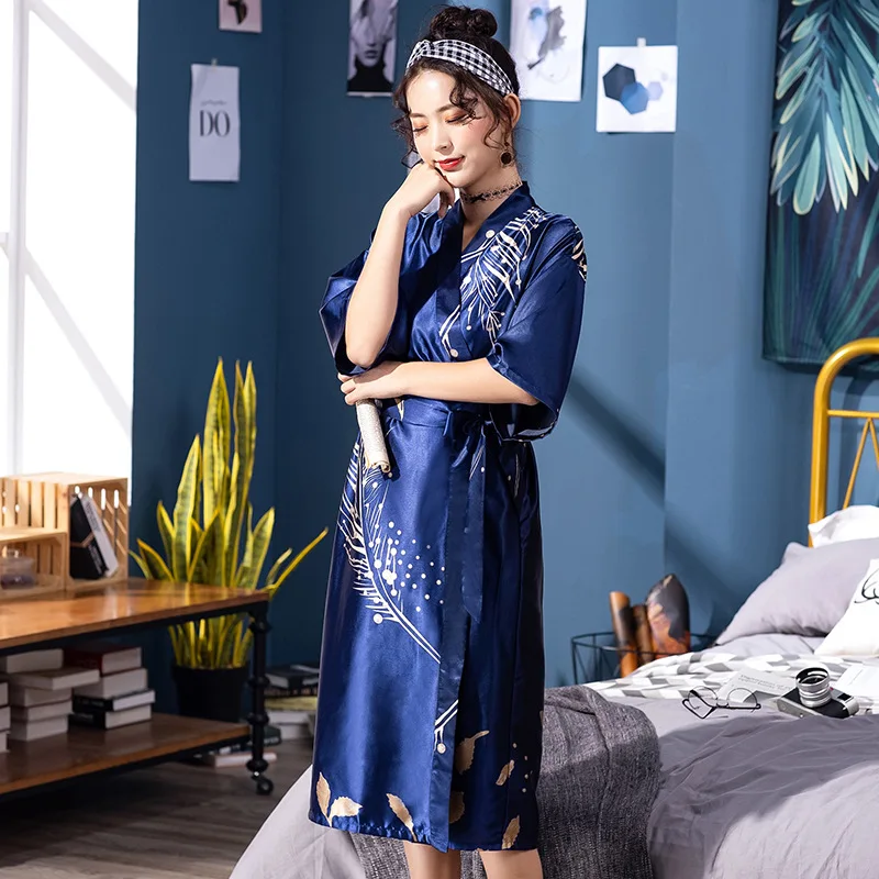 Женское шелковое пикантное кимоно Атласный халат до колена банный подружки