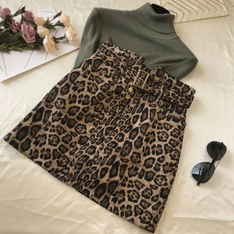 

Leopard Skirt Women New Autumn Slim High Waist Leopard Print with Belt Mini Skirt Girls Ladies Skirts Jupe Femme Falda Mujer