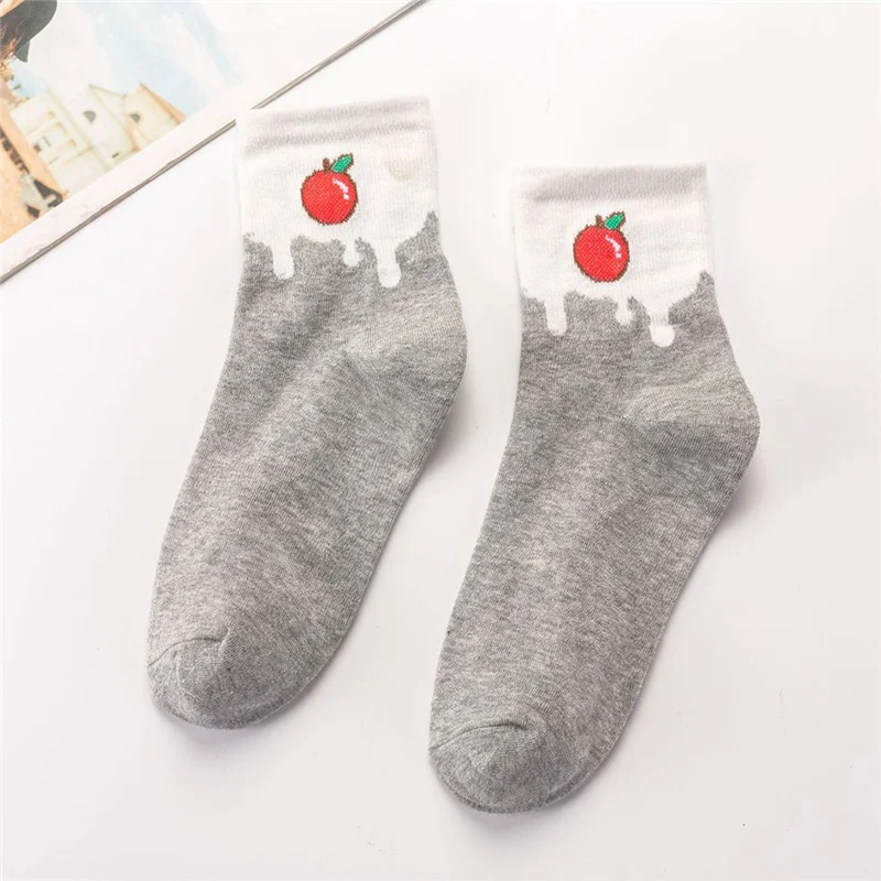 White Gray Apple INS/забавные носки с изображением банана в стиле унисекс в стиле Харадзюку, модные хлопковые хипстерские носки с изображением счастливых фруктов - Цвет: White Gray Apple