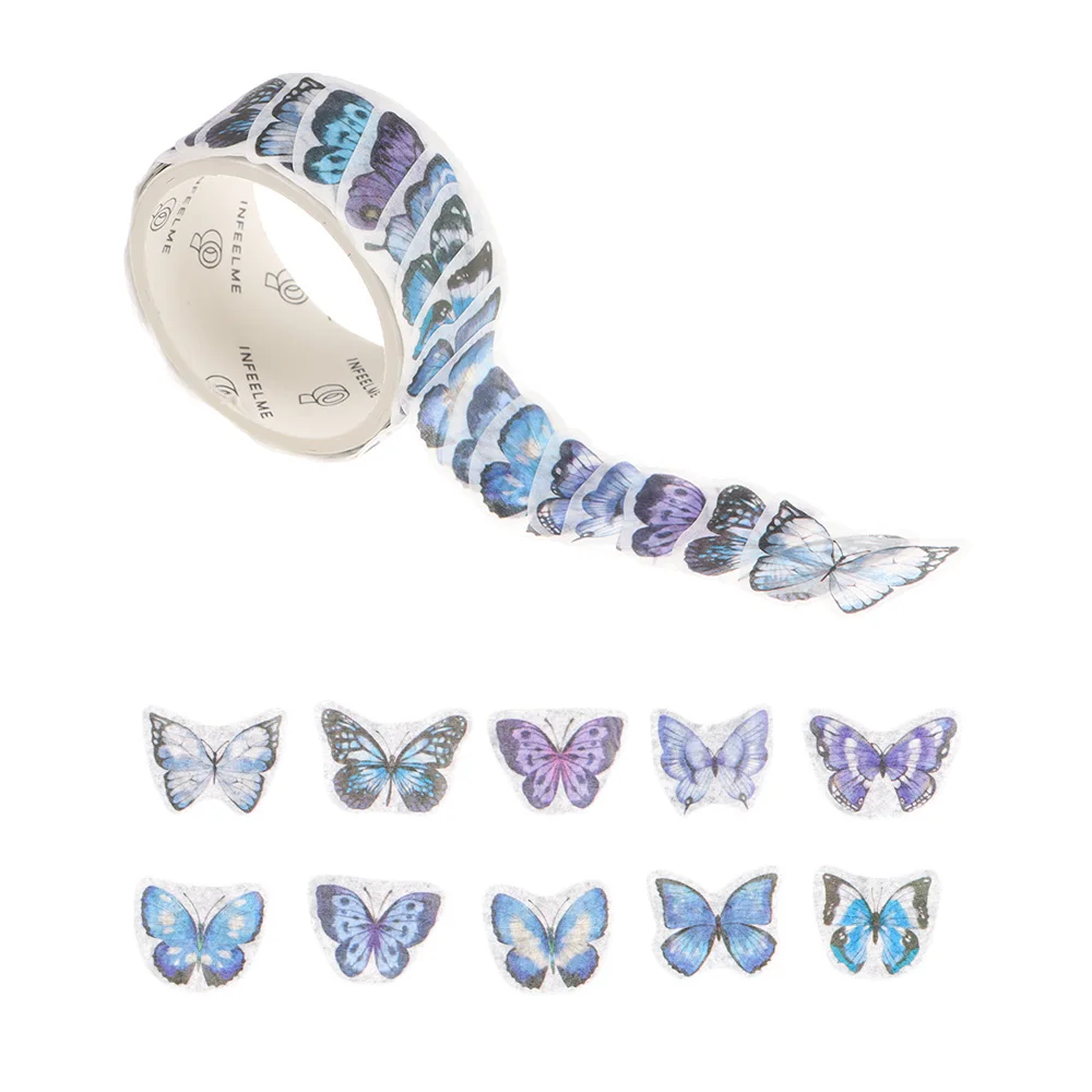 Rollo de cinta Washi de mariposa, cinta de papel adhesiva decorativa de flor de seta, bricolaje, pegatina de diario para álbum de recortes, artículos de papelería con etiquetas, 100 Uds.