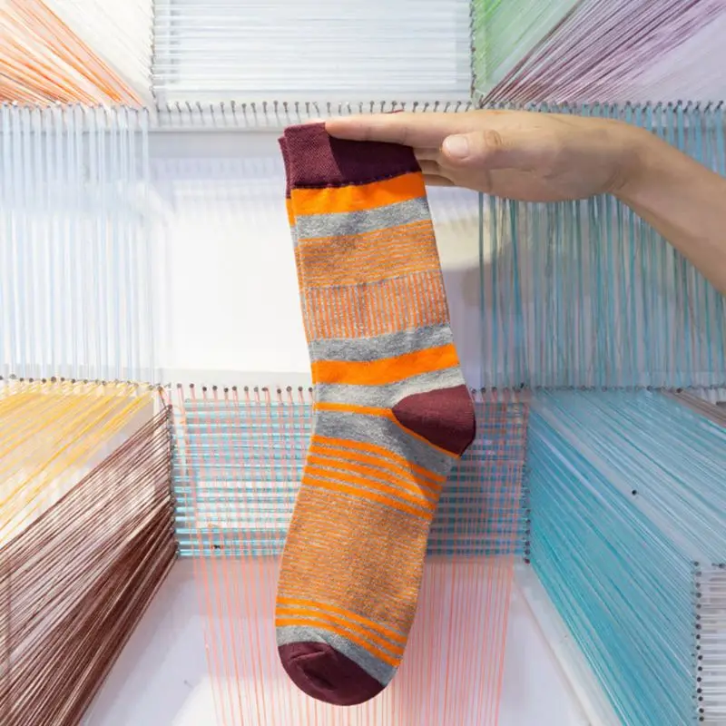 5 Pairs Men Color Block Fine Stripes Print Cotton Crew Socks Harajuku Hosiery