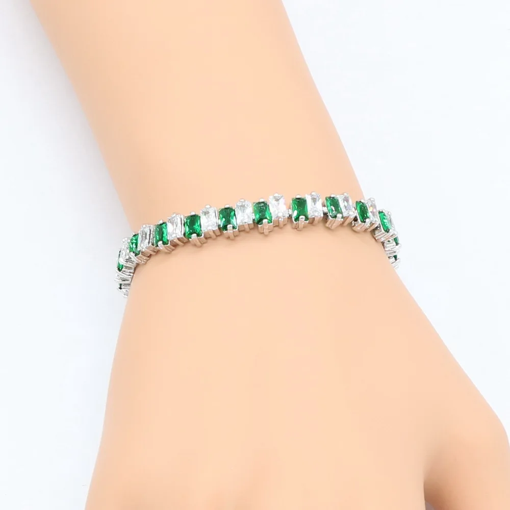 Зеленый имитированный Изумрудный Кристалл белый цирконий женский серебряный комплекты украшений для женщин ожерелье кулон серьги кольца браслет
