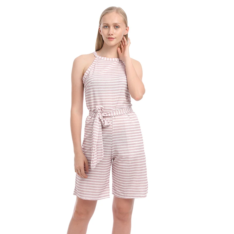 Sexy Pink Striped Elegant Romper party lace up playsuit women romper Summer short casual overalls