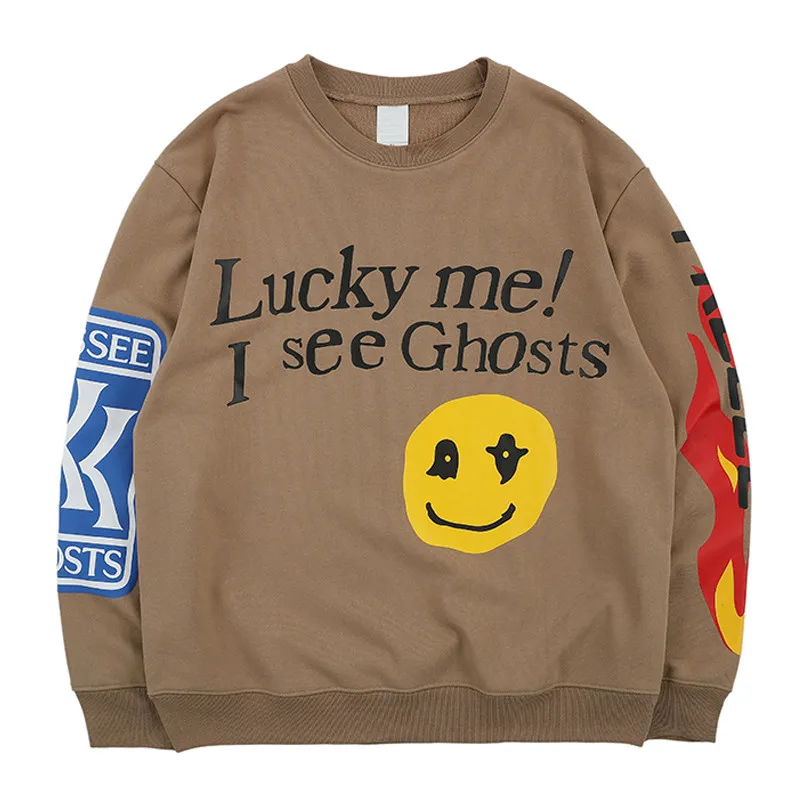Lucky Me I See Ghosts, толстовки, мужские,, с буквенным принтом пламени, хип-хоп, уличная одежда, рок-рэпер, хипстер, Спортивная Толстовка
