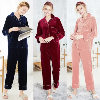 

2020 Autumn and Winter Velvet Pajamas Women's Long-sleeved Velvet Warm Sleepwear Two-piece Home Suit Pajamas for Women