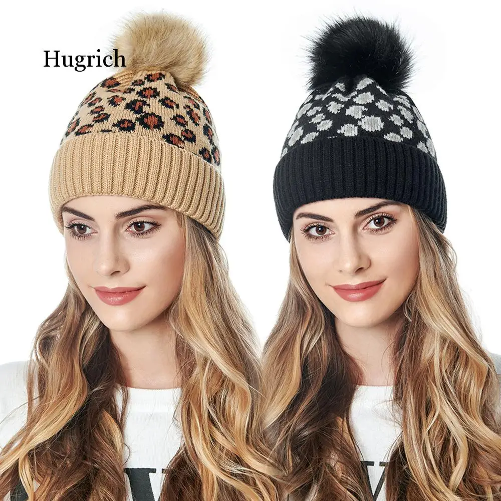 

Knit Leopard Beanies Women Pompom Winter Hat with Bonnet for Hat Faux Fur Casual Warm Knitted Cap