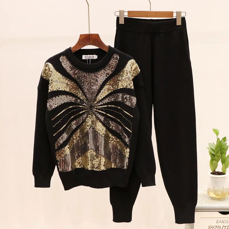 

Knitted Women Tracksuit Set Beading Sequins Long sleeve Sweater Long Pants Female Spring New Loose Knitting 2 Piece Sets Outfits