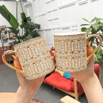 

Nordic Tartan Mosaic Ceramic Mug Creative Light Luxury Coffee Cup 350ml Household Breakfast Milk Mugs Office Drinking Water Cups