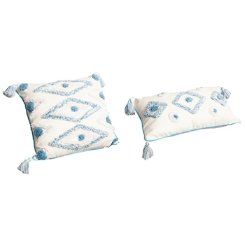 

2x Cushion Cover Plush Blue Diamond with Circle Moroccan Pattern Colorful Pillow Cover Boho Style 30X50cm & 45X45cm