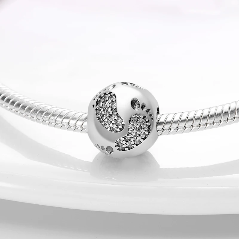 Round Footprint Pattern Zircon Beads Fit Original Pandach Bracelet Women Silver Color Pendant Diy Jewelry Free Shipping