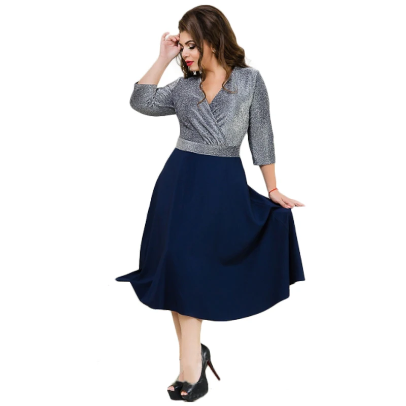 Navy Blue Элегантное лоскутное рождественское платье 5XL 6XL сексуальное с глубоким v-образным вырезом модное женское платье размера плюс зимние вечерние платья - Цвет: Navy Blue