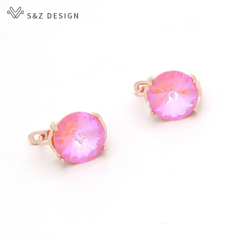 S&Z DESIGN New Fashion Big Round Crystal Dangle Earrings For Women Girl Wedding Party Jewelry 585 Rose Gold Color Birthday Gifts
