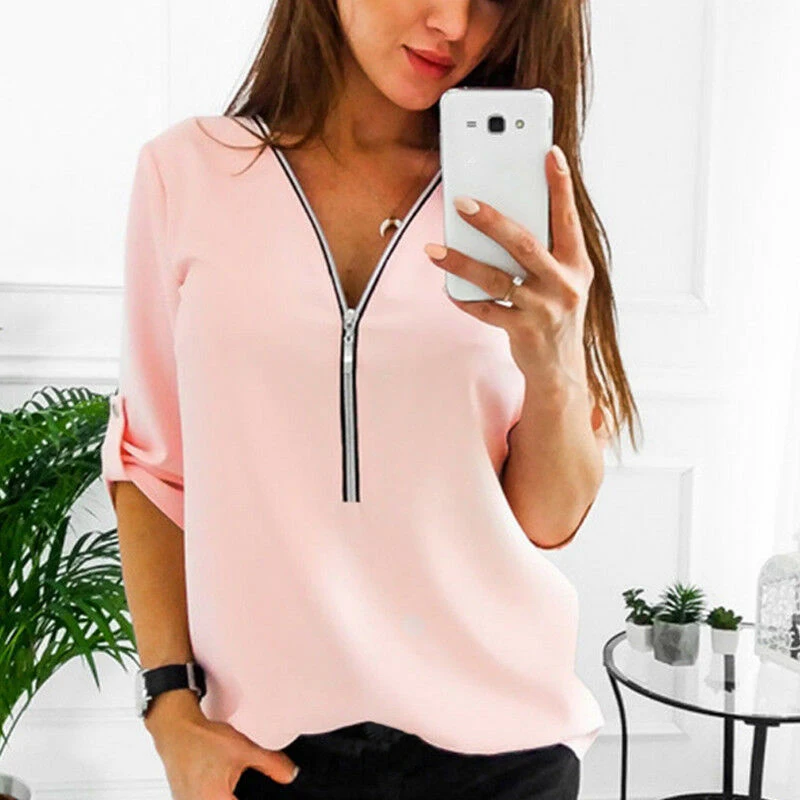 Ladies S-5XL Casual 3/4 Sleeve Tunic Tee Plus Size Elegant Beauty T Shirt Summer Women Solid V-neck Zipper Tops Multicolor