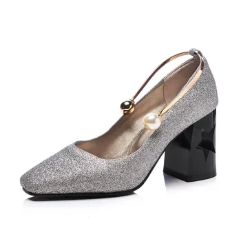 

Big Size Square head Sequin platform shoes ladies high heels women shoes woman pumps