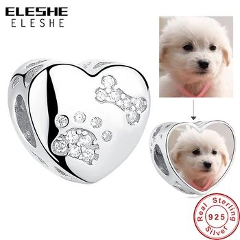 ELESHE-abalorio de plata de ley 925 con impresión de pata de Mascota, corazón, foto personalizada, compatible con pulsera Pandora, collar, joyería personalizada