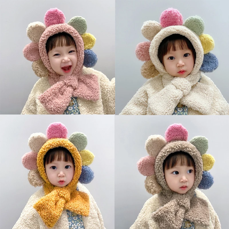 

2 In 1 Winter Warm Baby Girl Hats Scarf Kids Flowers Cute Bonnet Plush Soft Caps Scarf Baby Accessories Newborn Designer Hat