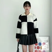 

2021 Autumn Winter New Korean Fashion Sweater Color Contrast Lattice Zipper Lapel Long Sleeve Thicken Knitting Cardigan Women