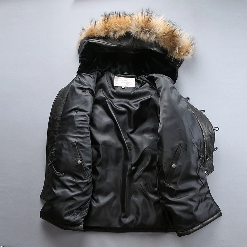 Male Genuine Leather Down Jacket Winter Real Fur Hooded Warm Duck Down Coat Male Large Capacity Thick Jacket DHL Free Shipping