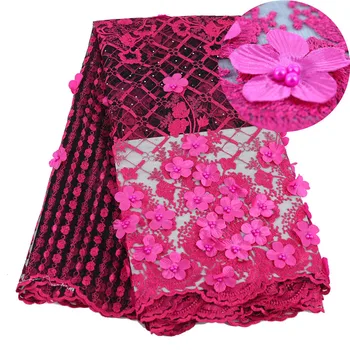 

Pink African Beaded 3D Tulle Lace Fabric African French Lace Fabric High Quality Nigerian Embroidery Tulle French Lace