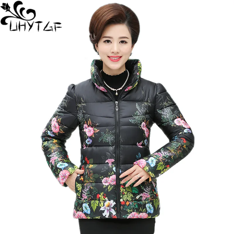 lower price  UHYTGF Ultra-light Plus Size Thin Down Jacket Women Autumn Winter Slim Short Printed Warm Down cott