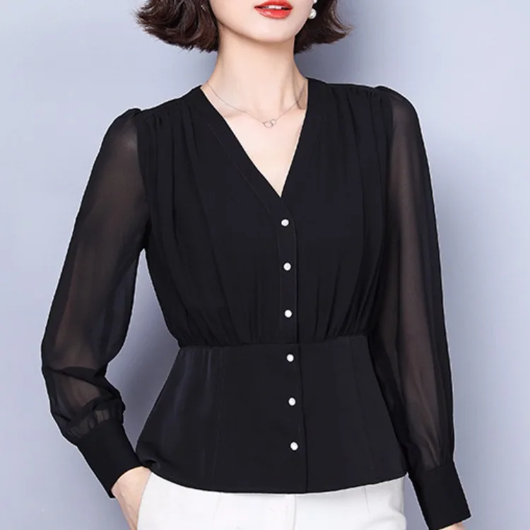 

Anqi Pull Ozhouzhan Autumn Clothing bo yang Gas Chiffon Blouse V-neck Shirt Women's Waist Hugging Cover Belly European Goods Shi