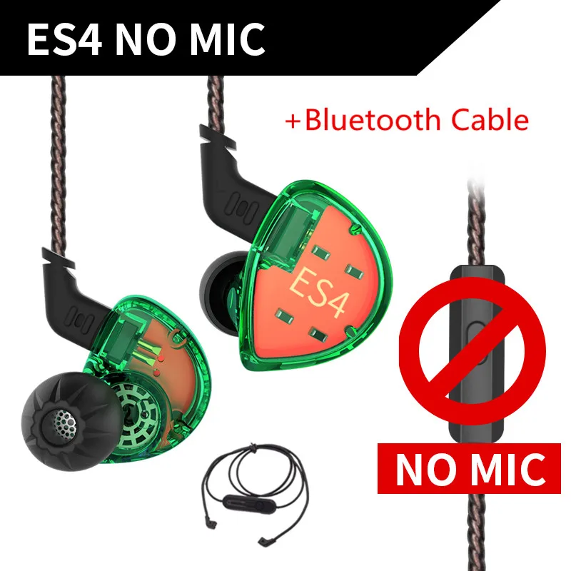 KZ ES4 1BA+ 1DD гибридные наушники-вкладыши Hifi Динамический драйвер шумоподавление Гарнитура замена кабеля AS10 ZSX ZST ES3 ZSN - Цвет: green no mic BT
