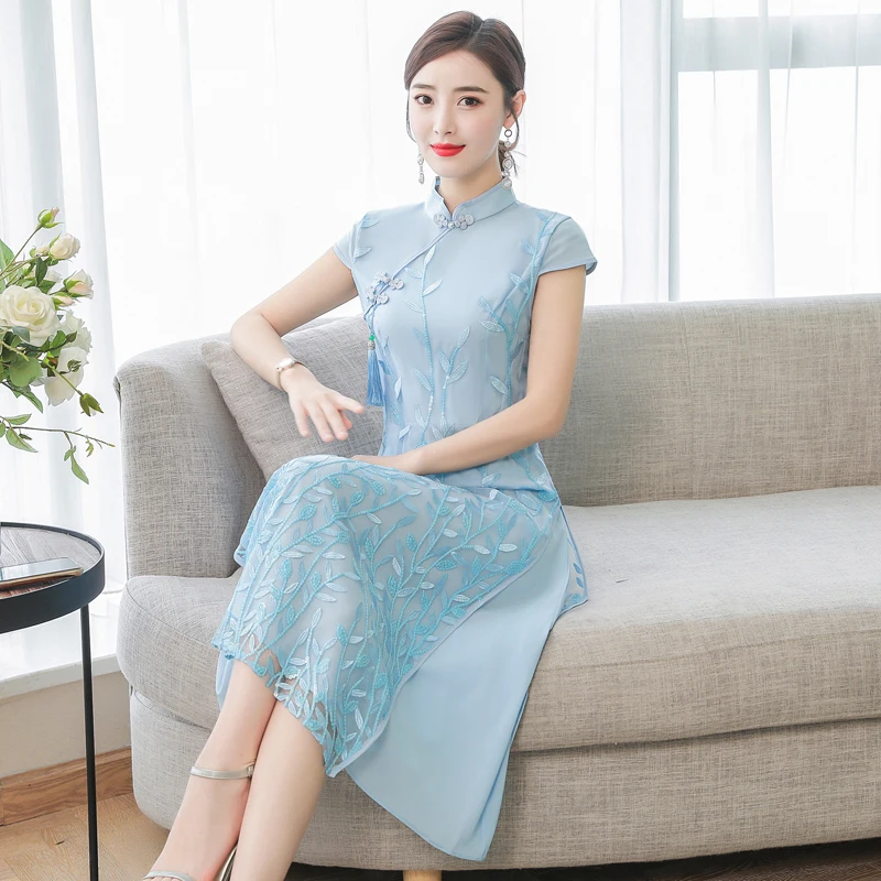 Азиатская одежда aodai вьетнамский Чонсам более женственное платье для женщин китайское традиционное китайское стильное платье с вышивкой - Цвет: color1
