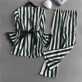 

Exquisite Striped 3pcs Sleep Set Women Nightwear Kimono Gown Silky Home Clothing Soft Lingerie Bathrobe Gown Pajamas Suit
