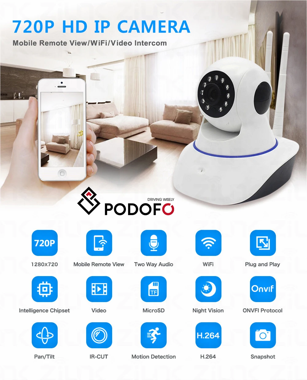 

Podofo 720P HD WiFi IP Camera Wireless Indoor with Night Vision Motion Detection CCTV Security Surveillance SD Card Memory