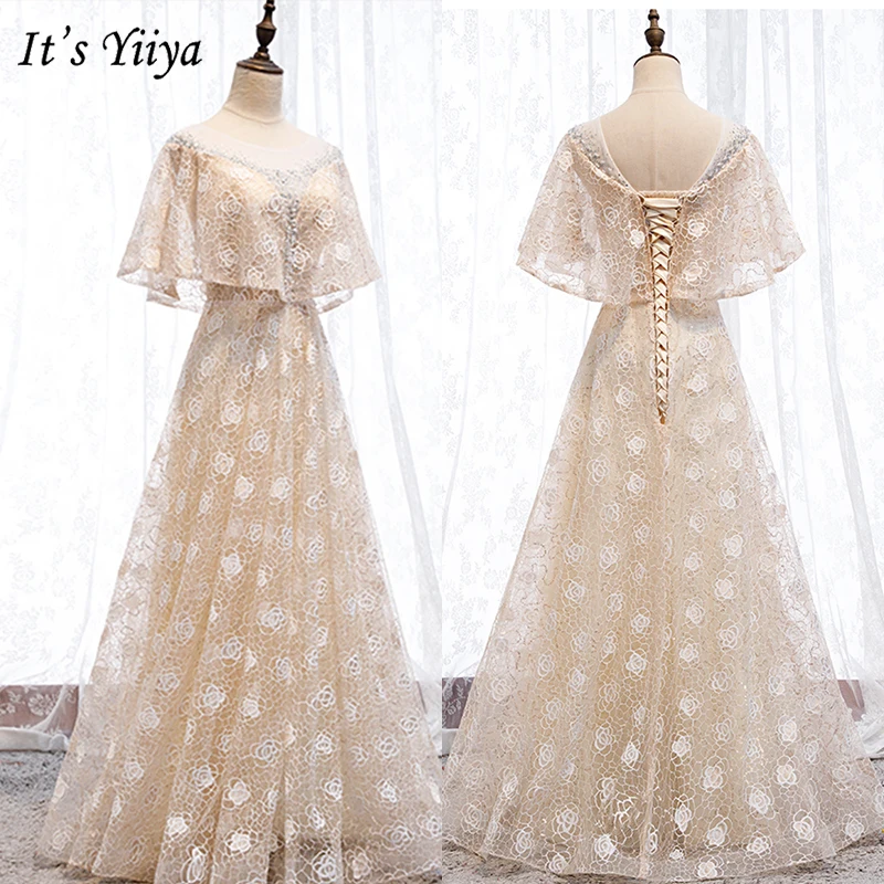 It's Yiya/вечернее платье, элегантные кружевные фумальные халаты с круглым вырезом и рукавами летучая мышь, длинное платье трапециевидной формы с цветочным принтом, Robe de Soiree E987