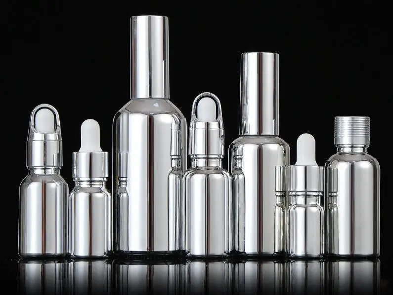 10Pcs 10-100Ml Galvaniseren Zilver Glas Etherische Olie Flessen Cosmetische Serum Lotion Pomp Verstuiver Spray Fles Dropper fles