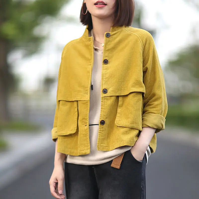 

New Harajuku Corduroy Jackets Women Winter Autumn Overcoats Female Cute Solid Color Clothing special design tooling pocket tops