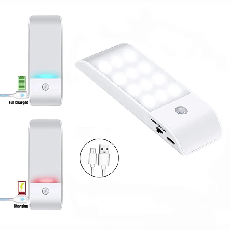 

12 LED Rechargeable PIR Motion Sensor Cabinet Night LightUSB Wireless Wardrobe IR Detector Wall Lamp Kitchen Stairs BedroomLight