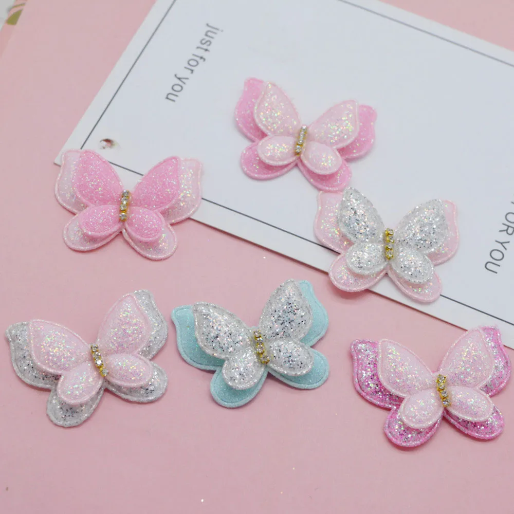 10sets 43*37mm Two Layer Glitter Butterfly Padded Appliques For Craft Clothes Sewing Suppliers DIY Hair Clip Accessories baby accessories bag	