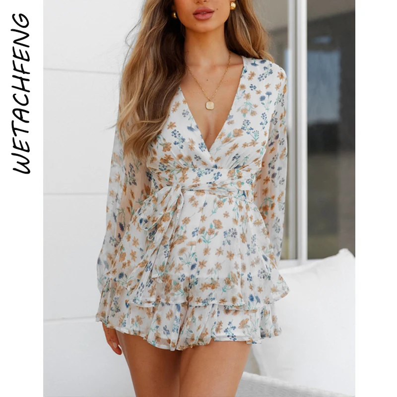

Fashion Shorts Playsuits Floral Sexy Ruffles White Long Sleeve Mini Dress Rompers Summer Beach Overalls Outfits Women Clothes