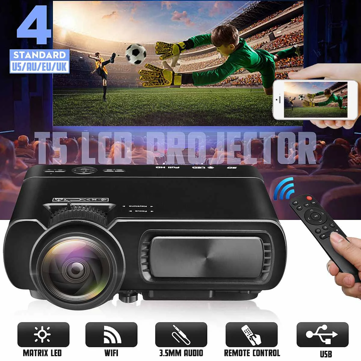 Мини-проектор T5 lcd 7000 люмен 1080P Full HD Wifi bluetooth домашний кинотеатр Android 6,0 аудио динамик для домашнего кинотеатра