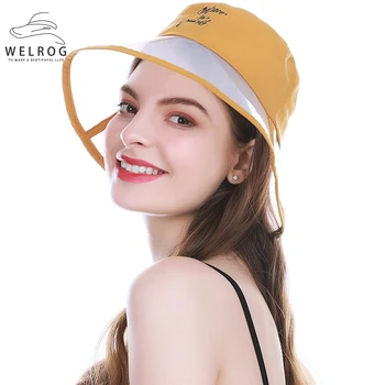 

WELROG Transparent Women's Buckets Hats Caps Ladies PVC Sun Visor Waterproof Rain Hat Autumn Letter Embroidery Wide Brim Caps