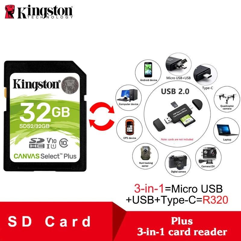 Kingston SD карта 32 Гб 64 Гб 128 Гб карта памяти картао де Мемория SDHC/SDXC Micro SD карта 256 ГБ для HD 1080p и 4K видеокамера - Емкость: SDS2-32G plus R320