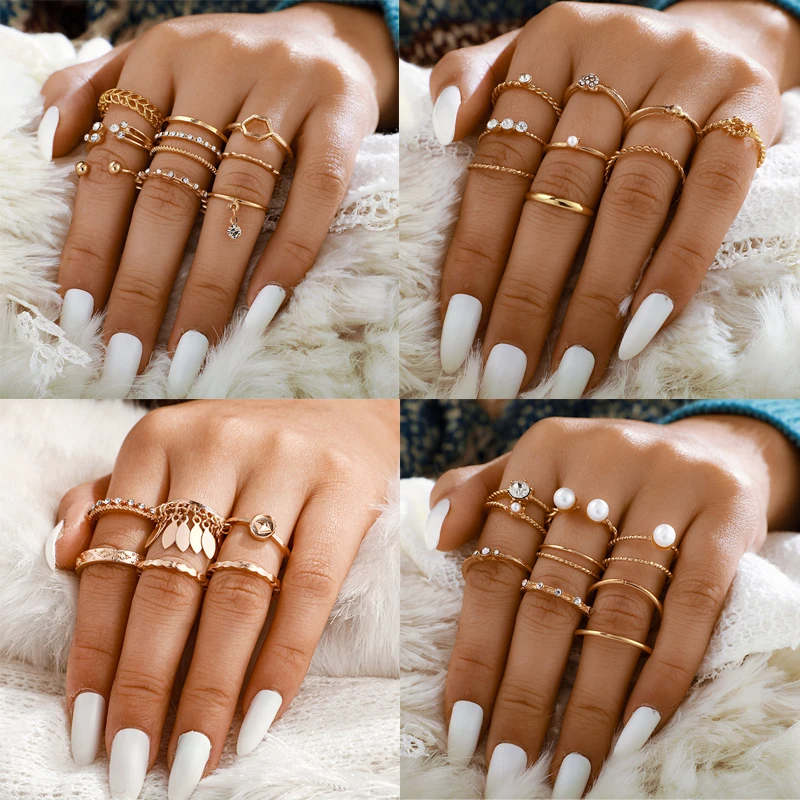 Tocona-Conjunto de anillos de luna de oro para mujer y hombre, joyas geométricas de lujo, con borlas bohemias, piedra brillante Cristal, perla, corazón, moneda, joyería