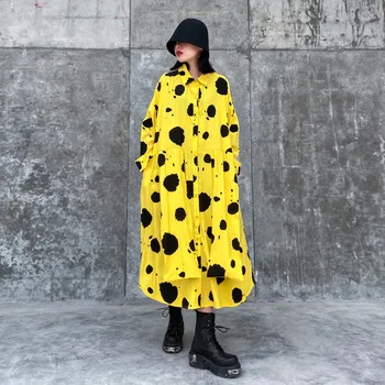 

Johnature 2020 New Wave Point 2 Colors Print Shirt Dresses Spring Casual Turn-down Collar Pockets Bandage Female Dress