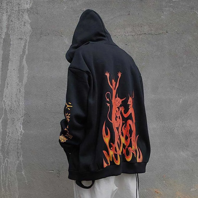 NiceMix Harajuku street Ghost print плюс бархатные теплые толстовки осень зима свободные с капюшоном на молнии Толстовка для женщин и мужчин верхняя одежда