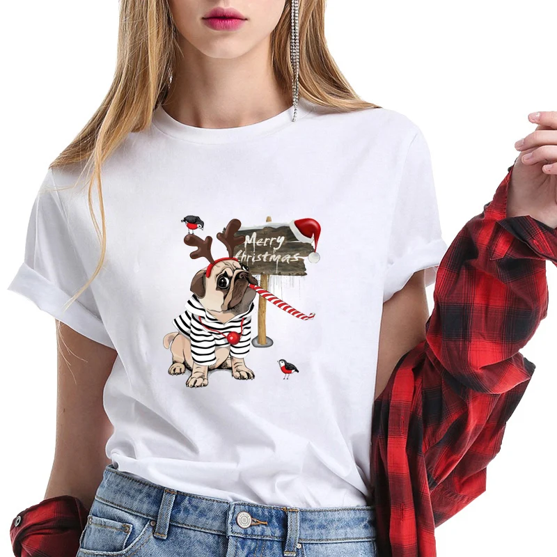 dog Graphic tees 1 НОВАЯ РОЖДЕСТВЕНСКАЯ футболка с Мопсом Kawaii, топы, футболки Harajuku Ulzzang, женская футболка с графическим рисунком, футболка с коротким рукавом, Camiseta Mujer, хипстер - Цвет: dog Graphic tees 1