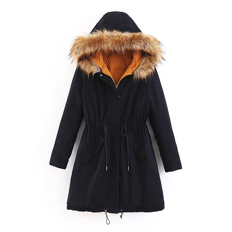 

2019 Autumn And Winter New Style Black And White with Pattern Fur Collar Hooded Drawstring Cotton-padded Clothes Women's Long Si